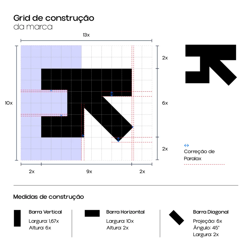 Grid de construção de um símbolo, com medidas das barras vertical, horizontal e diagonal
