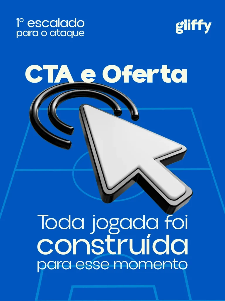 Slide sobre CTA e oferta: toda jogada foi construída para esse momento, com um cursor de clique sobre um campo de futebol azul
