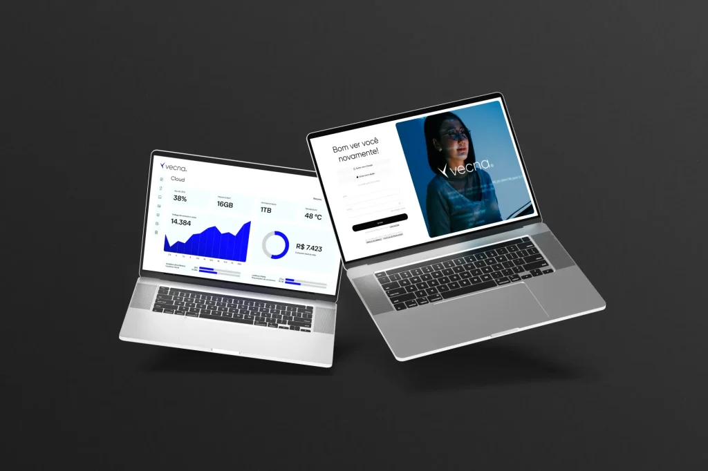 Dois notebooks mostrando o painel de uma plataforma de nuvem e a tela de login