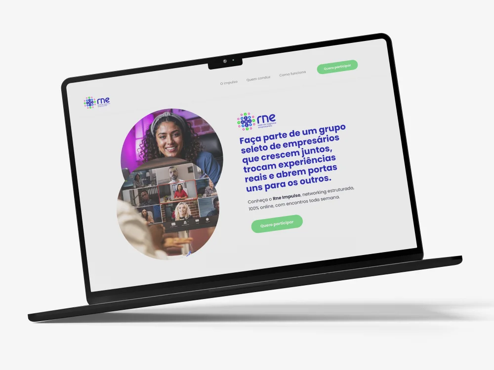 Notebook exibindo a landing page da Rne Impulso, rede de negócios empresariais, com o botão Quero participar